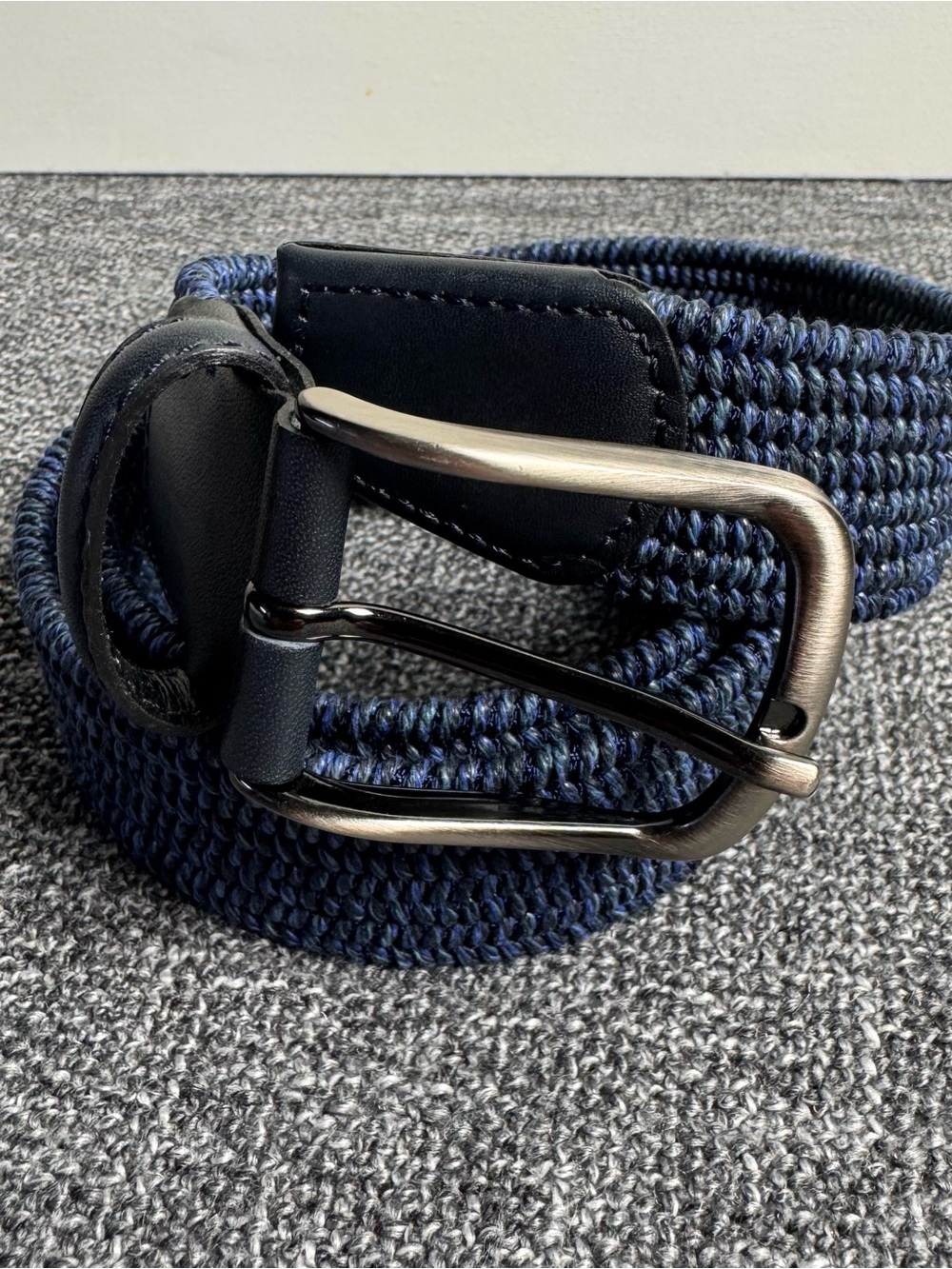 Men's Stretch Woven Navy Belt with Brushed Metal Buckle